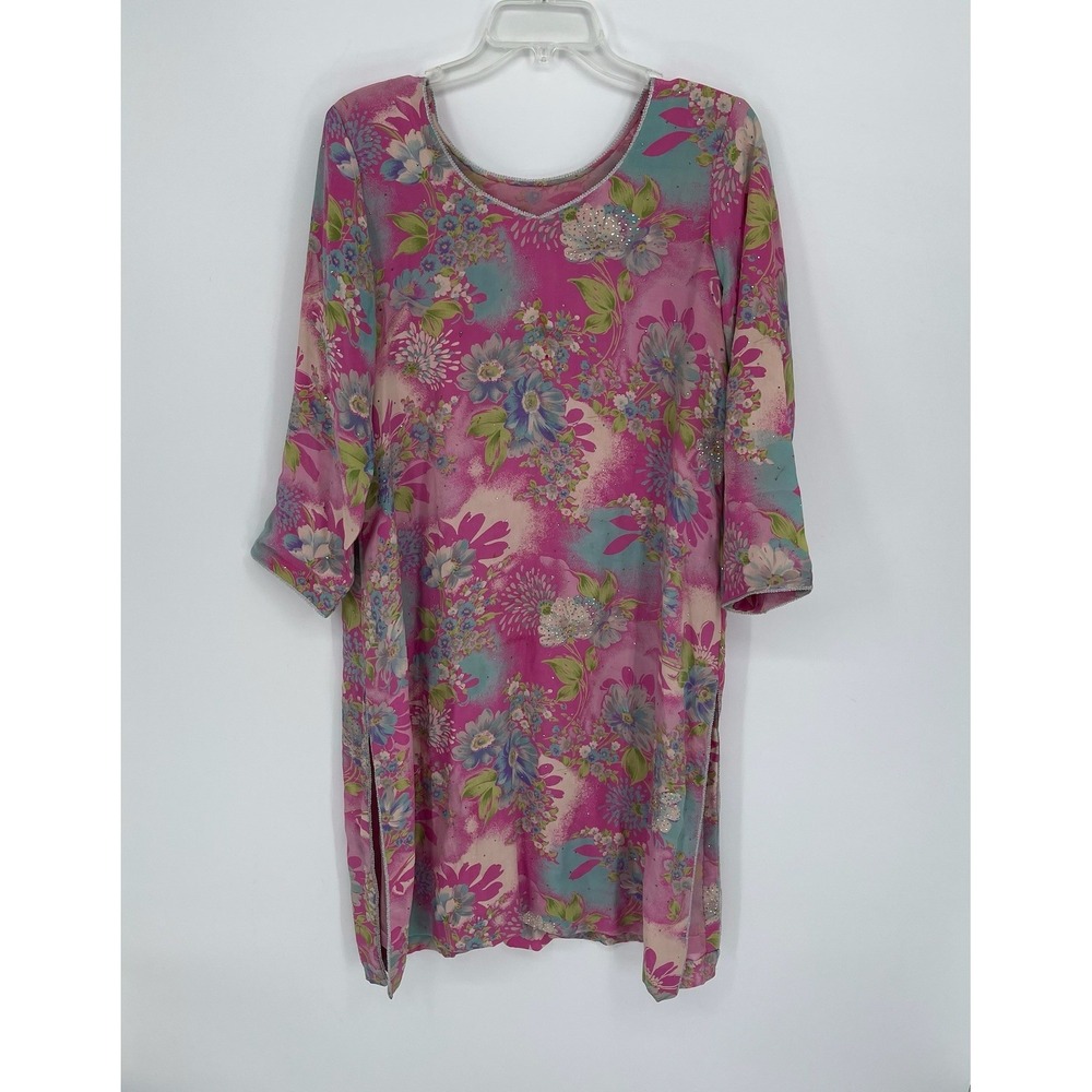 Women's Pink Floral Rhinestone Long Sleeve Bollywood Kurta Tunic‎ Dress Size M